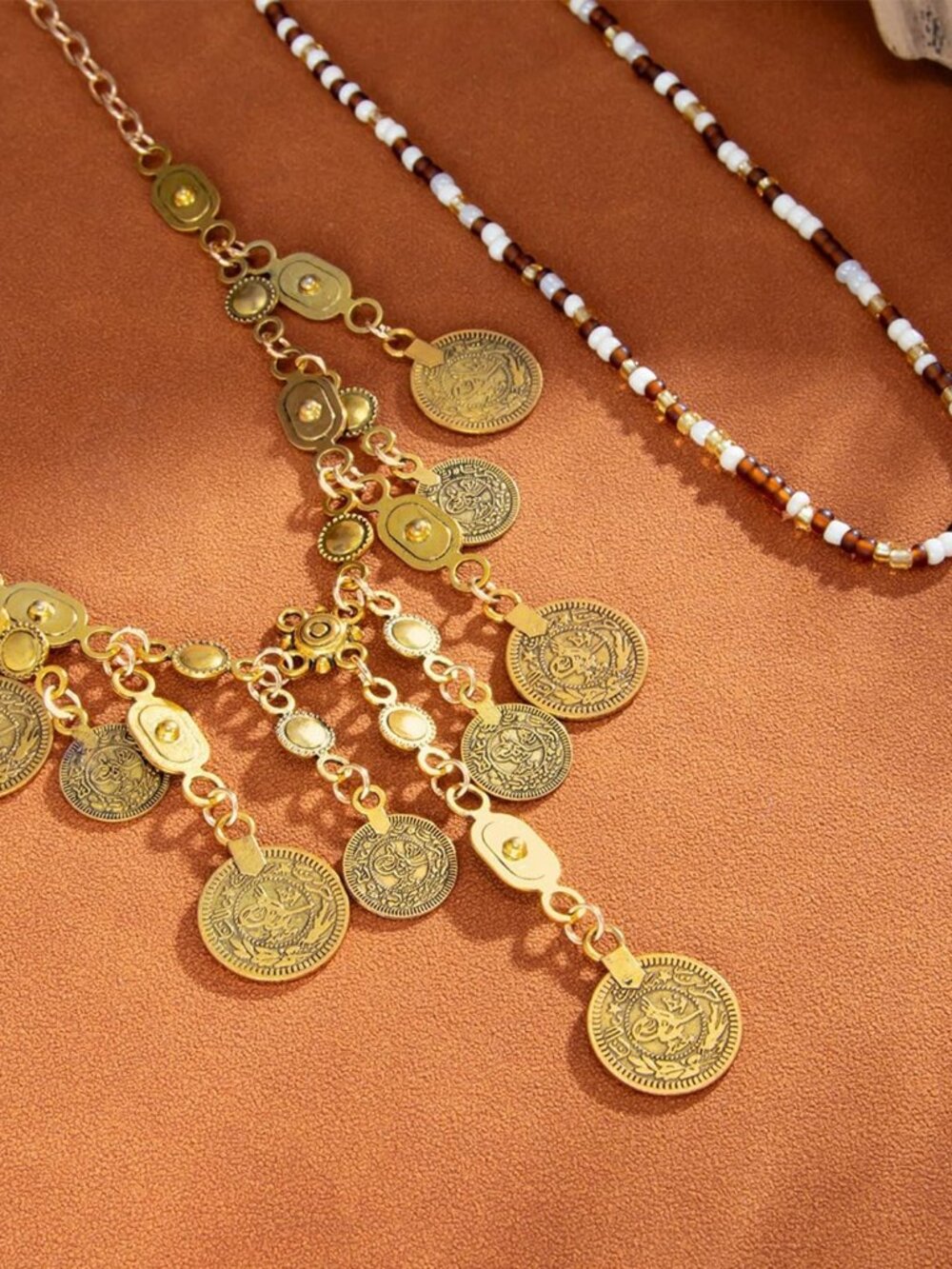 Boho Coin Charm Necklace for Women Layered Gold Coin Beaded Pendant Necklace Pir - Picture 7 of 7